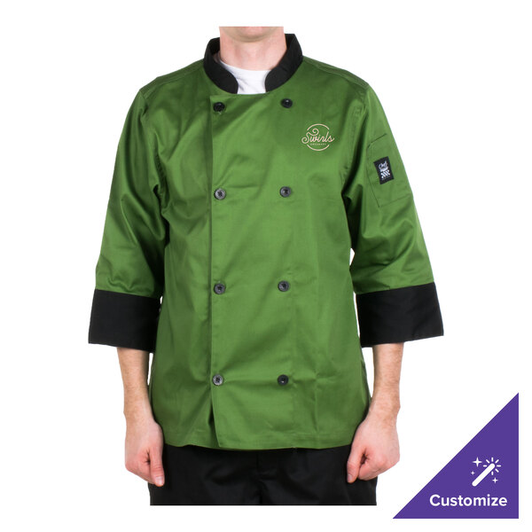 A person wearing a mint green Chef Revival chef jacket with black trim.