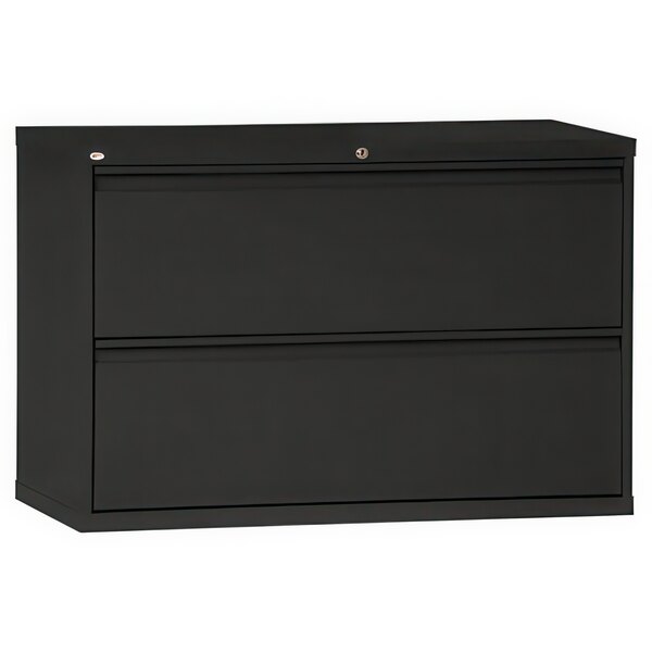 A black Alera metal lateral file cabinet with two drawers.