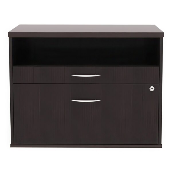 An espresso Alera file cabinet with two drawers and silver handles.