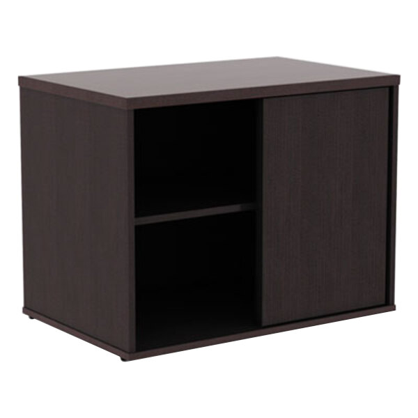 A brown Alera low storage cabinet with two shelves.