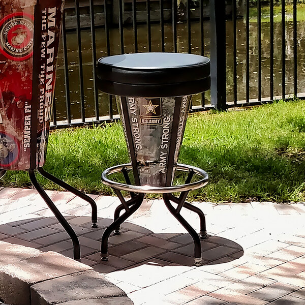 A black metal Holland Bar Stool with a United States Army logo on the seat.