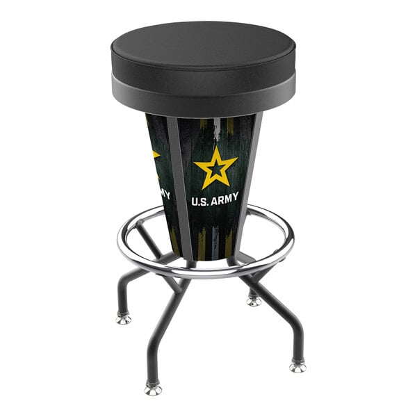 A black Holland Bar Stool with a United States Army logo on the seat.