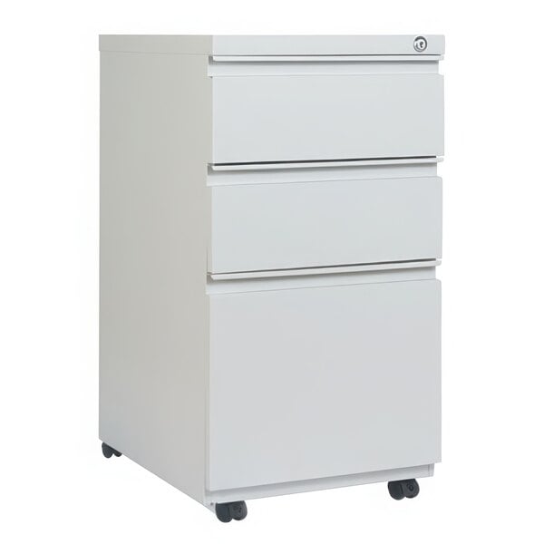 A light gray metal mobile pedestal file cabinet with three drawers on wheels.