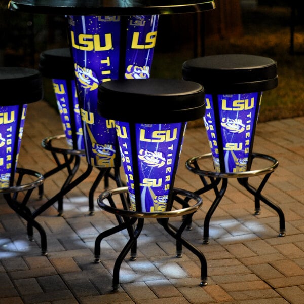 A group of Holland Bar Stools with Louisiana State University logos on them on an outdoor patio.