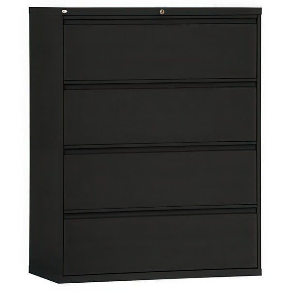 A black rectangular Alera lateral file cabinet with four drawers.