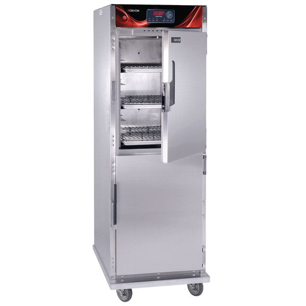 A stainless steel Cres Cor Roast-N-Hold convection oven on wheels.