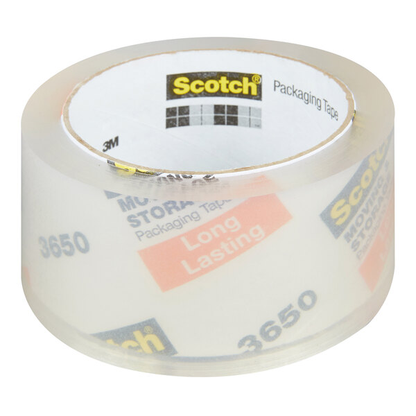 A roll of clear Scotch brand long-lasting moving and storage packaging tape.