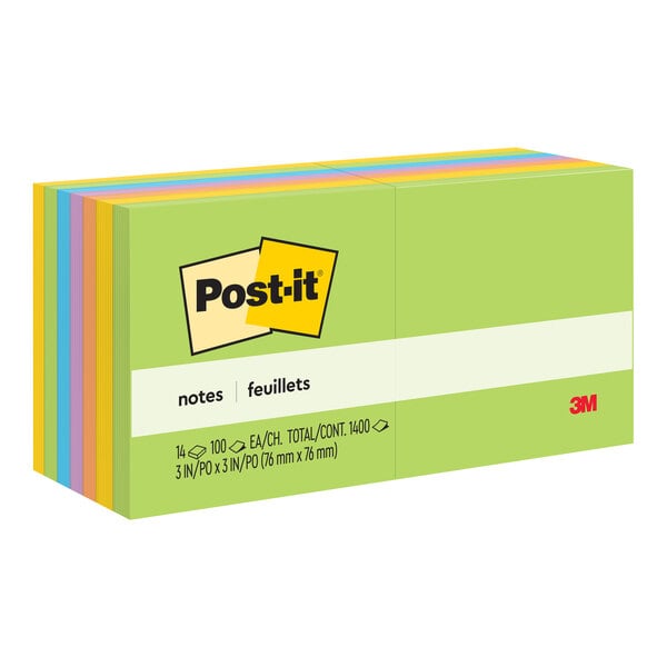 A stack of 14 rectangular Post-It notes in assorted colors including yellow, green, and black with black text.