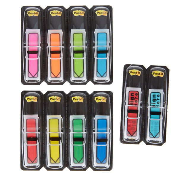 A black package of 3M Post-it "Sign Here" flags in assorted colors.