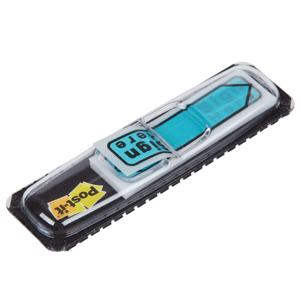 A blue and black rectangular Post-it flag dispenser with a clear cover.