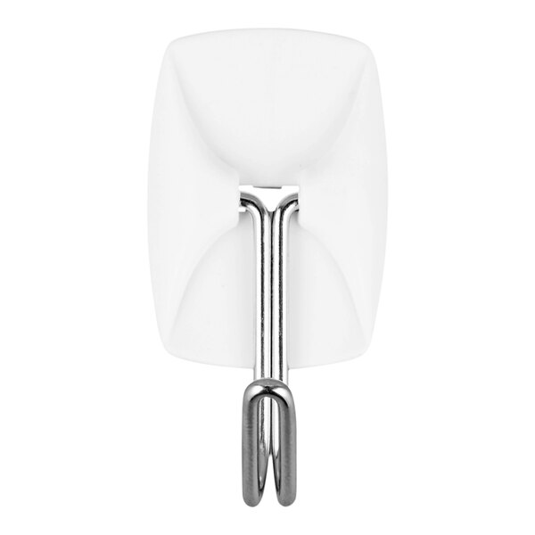 A small white plastic adhesive hook with a metal wire hook for hanging items.