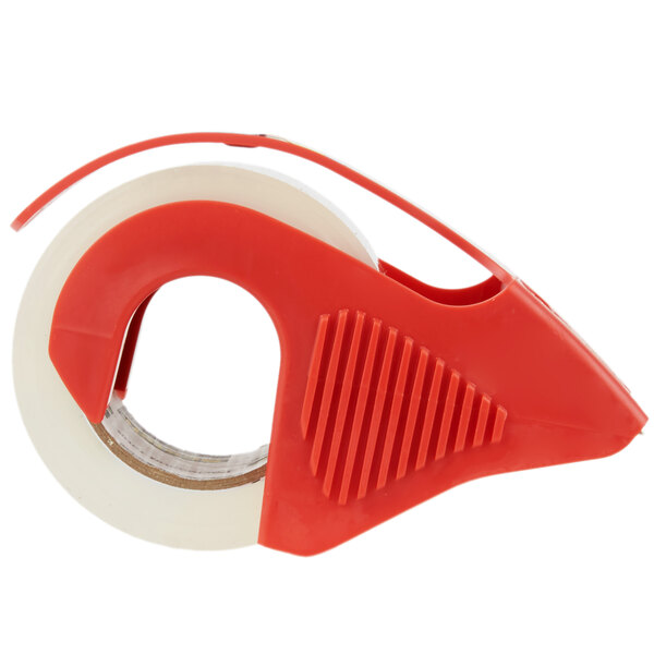 a red tape dispenser with clear tape