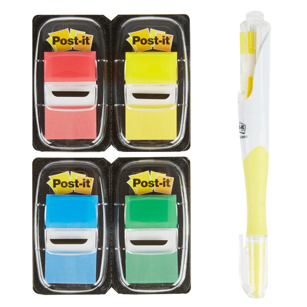 A 3M Post-It page flag dispenser with assorted colored flags and a bonus flag highlighter.