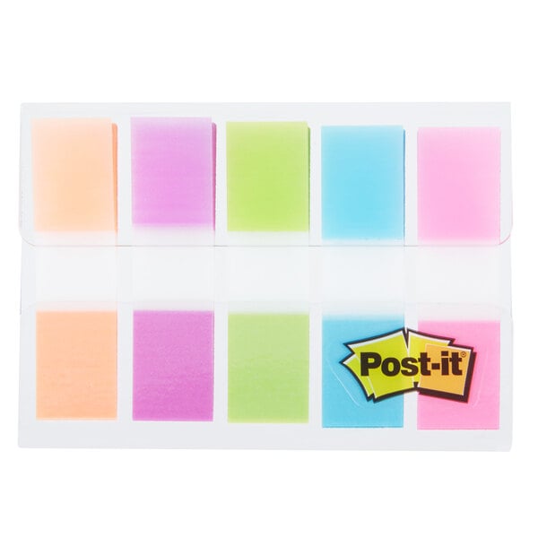 3M Post-It Page Flags in a clear plastic container with bright pink, green, and blue rectangular flags.