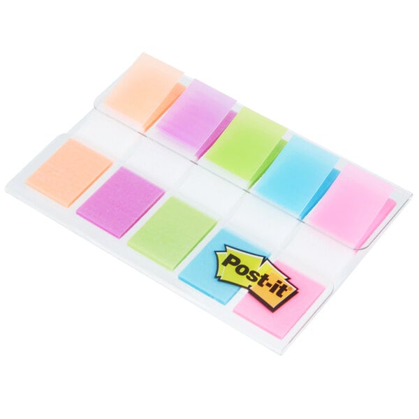 3M Post-It® 1/2" x 1 3/4" Assorted Bright Color Page Flags in a plastic container.
