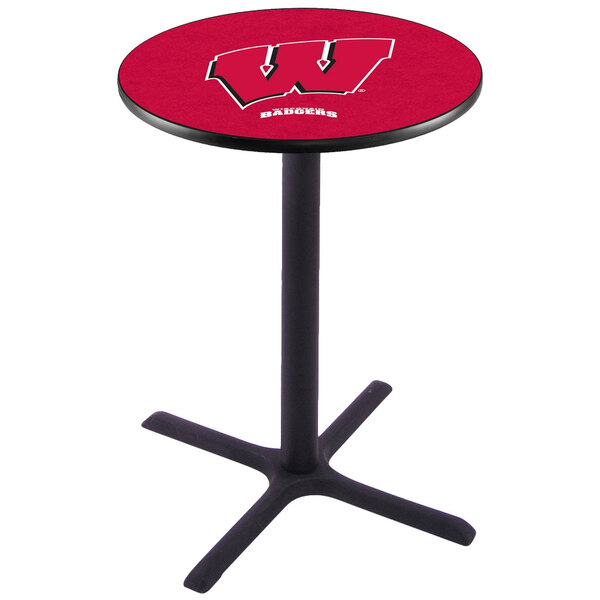 A round red table top with a black "Wisconsin" and "W" logo on it.
