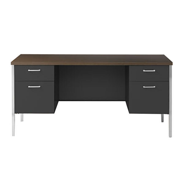 A walnut and black Alera double pedestal credenza with drawers.