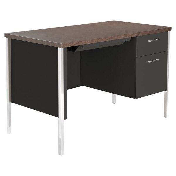 Walnut And Black Single Pedestal Steel Desk