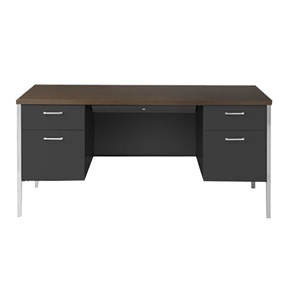 A walnut and black steel double pedestal desk with drawers on it.