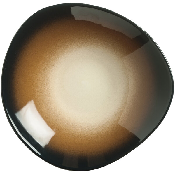 A brown and black porcelain bowl with a white background.