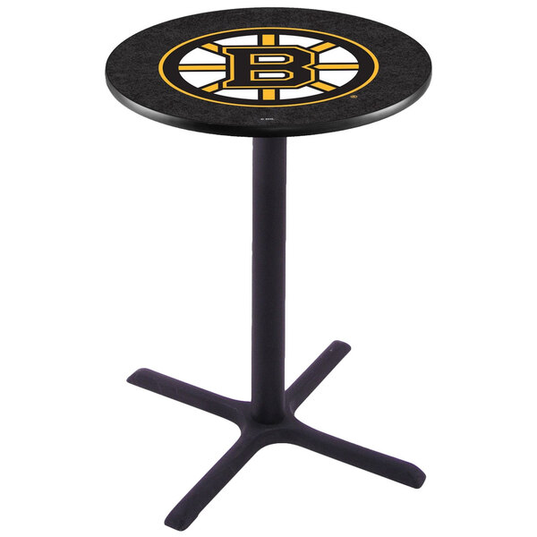 A Holland Bar Stool round pub table with a Boston Bruins logo on it.