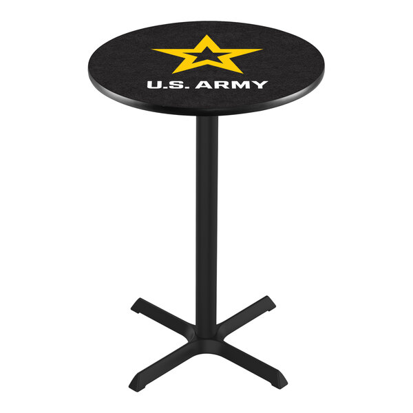 A round counter height pub table with a black top featuring a yellow star and 'U.S. ARMY' text, supported by a black pedestal base.