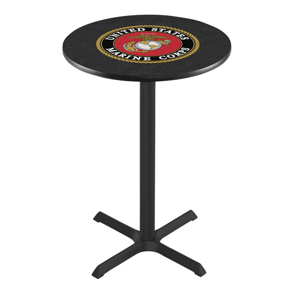 A black round pub table with the United States Marine Corps logo on it.