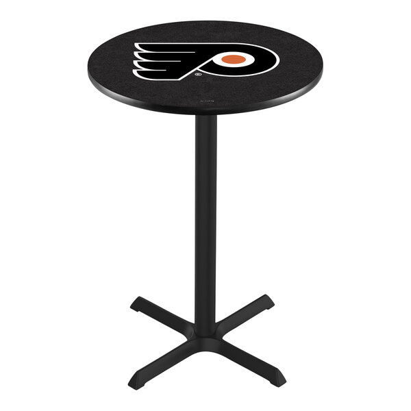 A round counter height pub table featuring the Philadelphia Flyers logo on the tabletop.