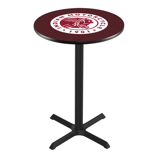 A round counter height pub table with a maroon top featuring the Indian Motorcycle logo and a black pedestal base.