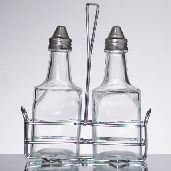 Choice 6 Oz 3 Piece Oil Vinegar Cruet Set With Rack 3 Piece Oil And Vinegar Cruet Set With Rack To Provide Garlic Infused For Dipping Breads House Made Dressing Salads Or Crispy Fries