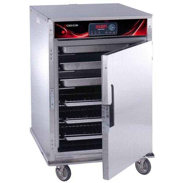 A large stainless steel Cres Cor Roast-N-Hold convection oven with a door open.