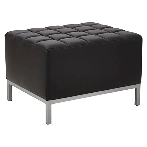 A black square Alera ottoman with silver metal legs.