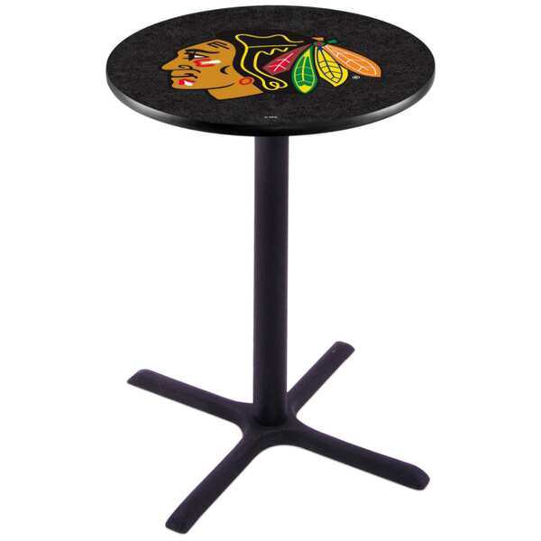 A black round Holland Bar Stool pub table with the Chicago Blackhawks logo on it.