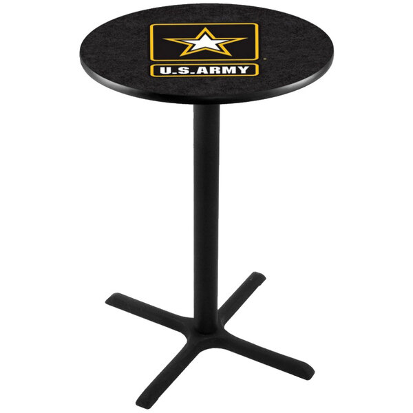 A round black Holland Bar Stool pub table with a United States Army logo on it.