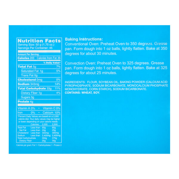 A blue package label displaying nutrition facts, baking instructions, and ingredients for a premium biscuit mix.