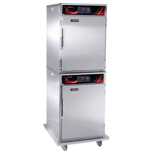 A silver Cres Cor roast-n-hold convection oven on wheels with a door.