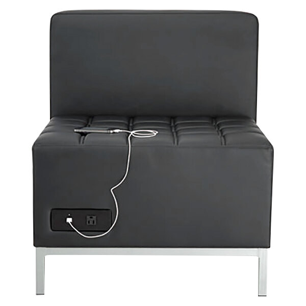 A black leather Alera armless chair with a cord attached to it.