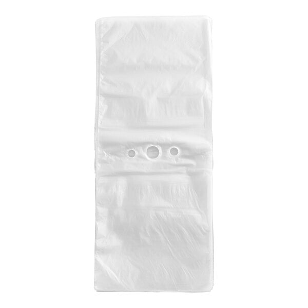 A clear, unprinted plastic deli saddle bag with a flip top and three holes near the center.