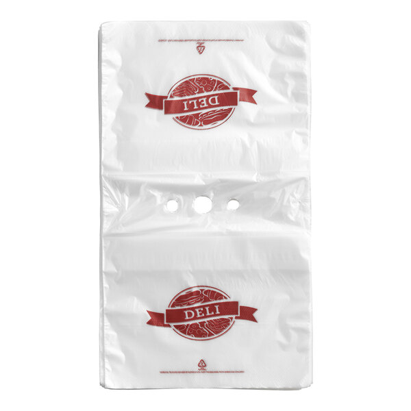 A clear plastic deli saddle bag with red 'DELI' print and two holes in the center.