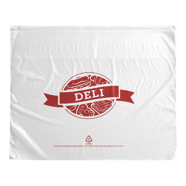 A white plastic deli saddle bag with a red 'DELI' logo and flip top.