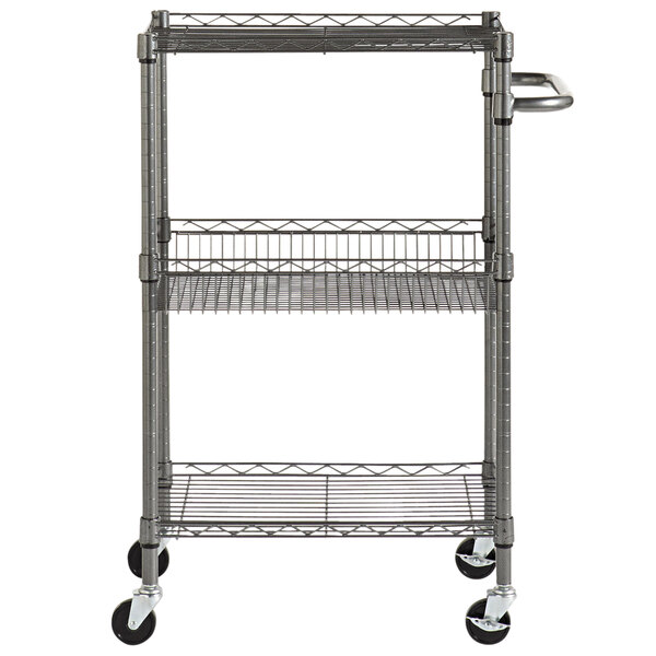 a metal cart with wheels