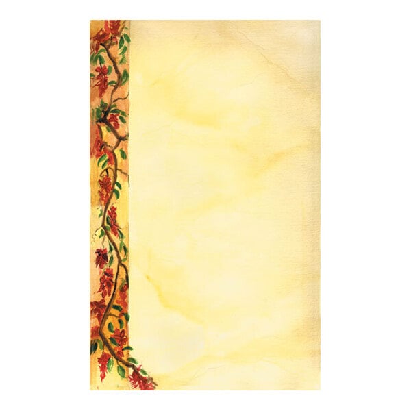A sheet of paper with a yellowish background and a decorative floral border along the left edge featuring red flowers and green leaves.