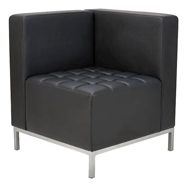 A close up of a black Alera QUB corner chair with silver legs.