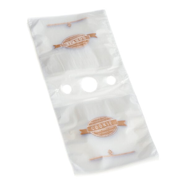 A clear plastic deli saddle bag with a 'Cookie' print and flip top, measuring 5 1/2 by 5 1/2 inches.