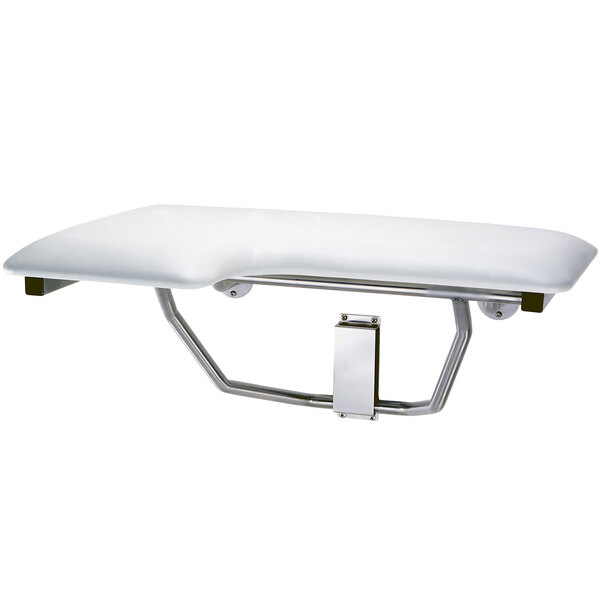 A Bobrick white plastic folding shower seat with padded cushion and metal bars on the bottom.