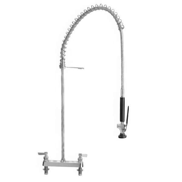 A silver Fisher deck mounted pre-rinse faucet with a black handle and hose sprayer.