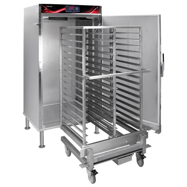 A Cres Cor roll-in oven with a wire basket rack inside.