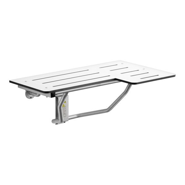 A white reversible phenolic folding shower seat with a metal support frame.