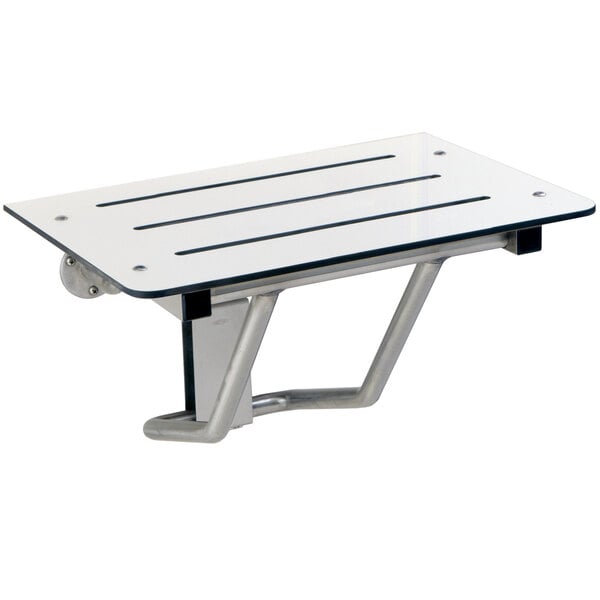 A white and ivory metal Bobrick folding shower seat with black strips.