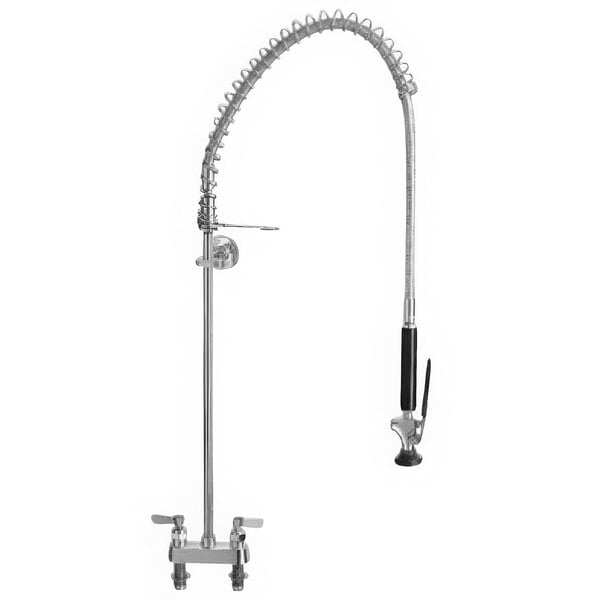 A silver metal Fisher pre-rinse faucet with a black handle and hose attached.